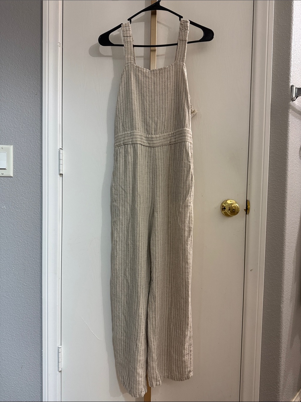 Beige Striped Linen Jumpsuit Overalls